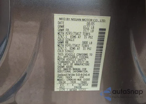 2006 Nissan Titan Xe from USA, damaged, VIN 1N6BA07B56N504064